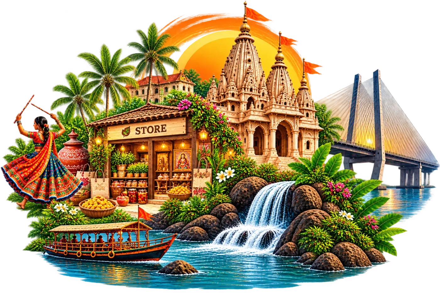 દક્ષિણ ગુજરાતનું મંદિર, ધોધ અને કેબલ બ્રિજનું ચિત્ર